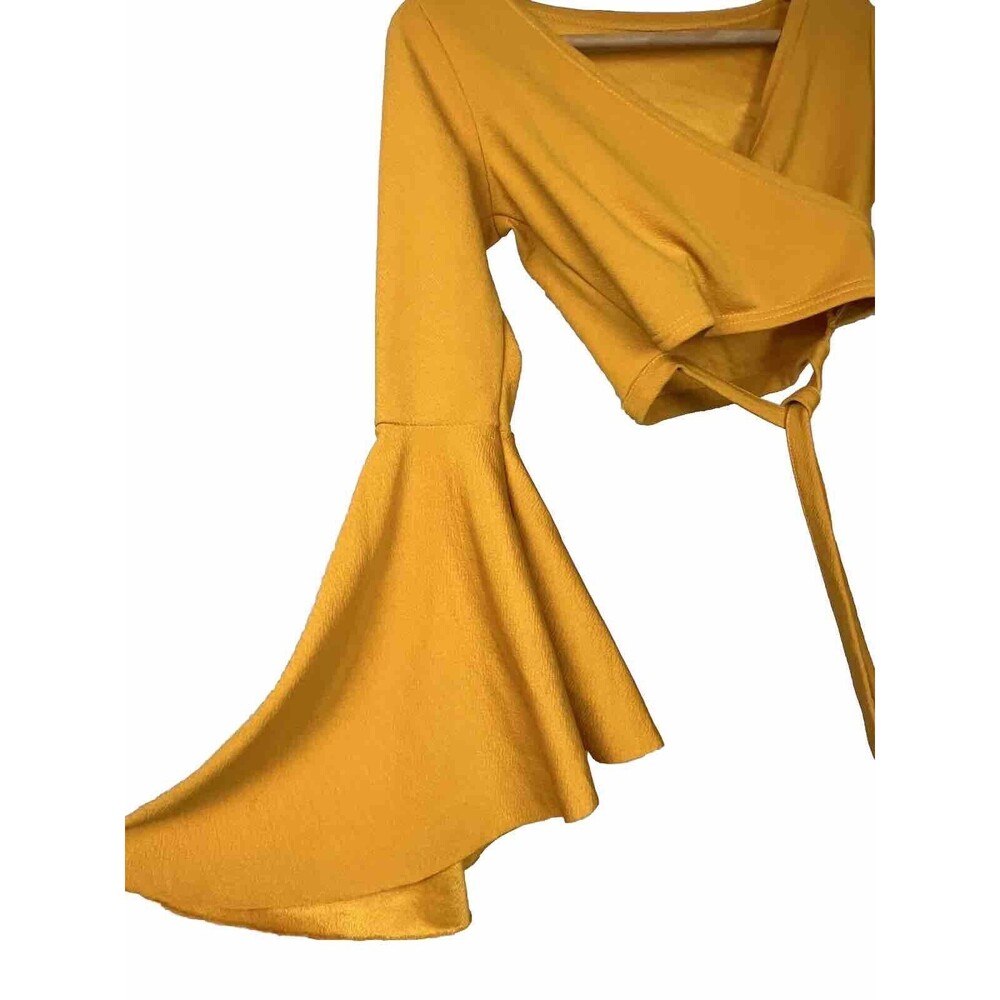 Crop Top Bell Long Sleeve Wrap Tie Blouse Jacket Cotton Blend Stretch Gold Small